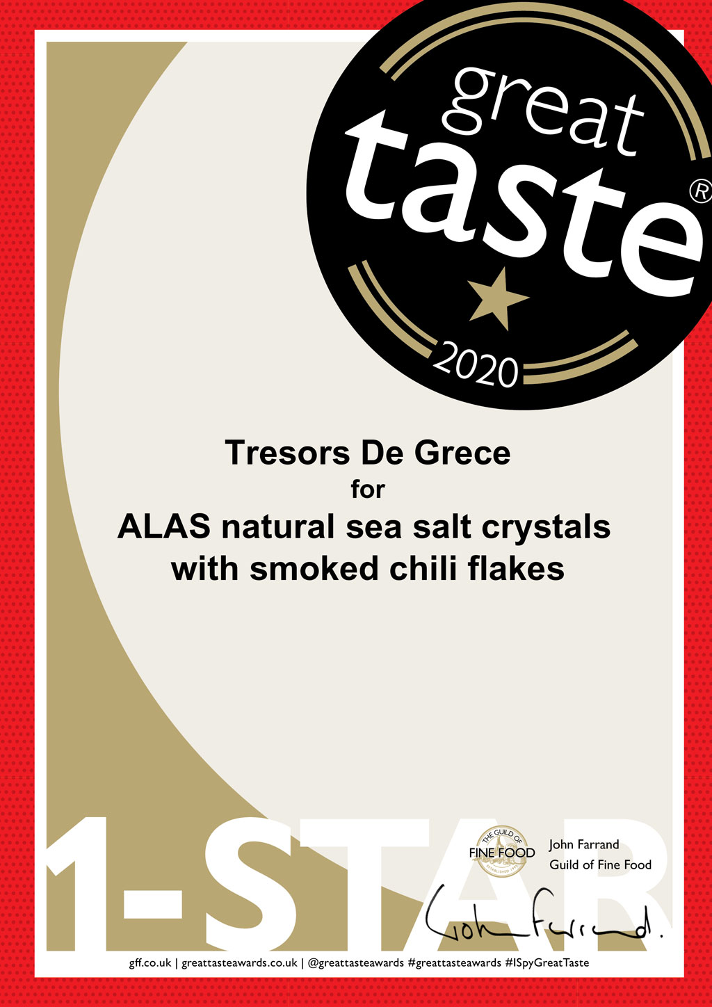 Certificates GTA 2020 1 ALAS natural sea salt crystals with smoked chili flakes GREAT TASTE 1 STAR